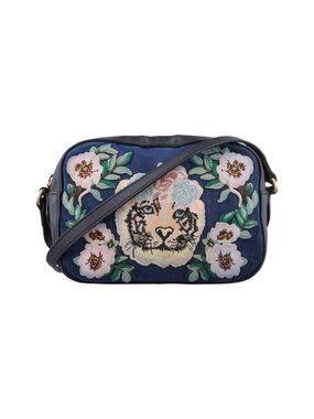 Gucci GG Ribbon Embroidery Blue Black Denim Leather Messenger